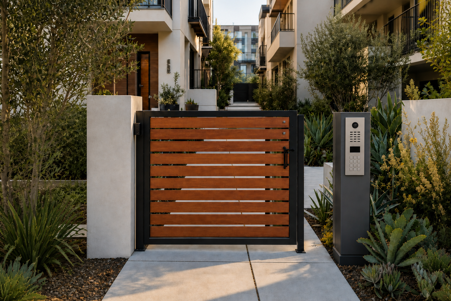 Warm Southern California pedestrian entrance with a keypad, intercom, and card reader