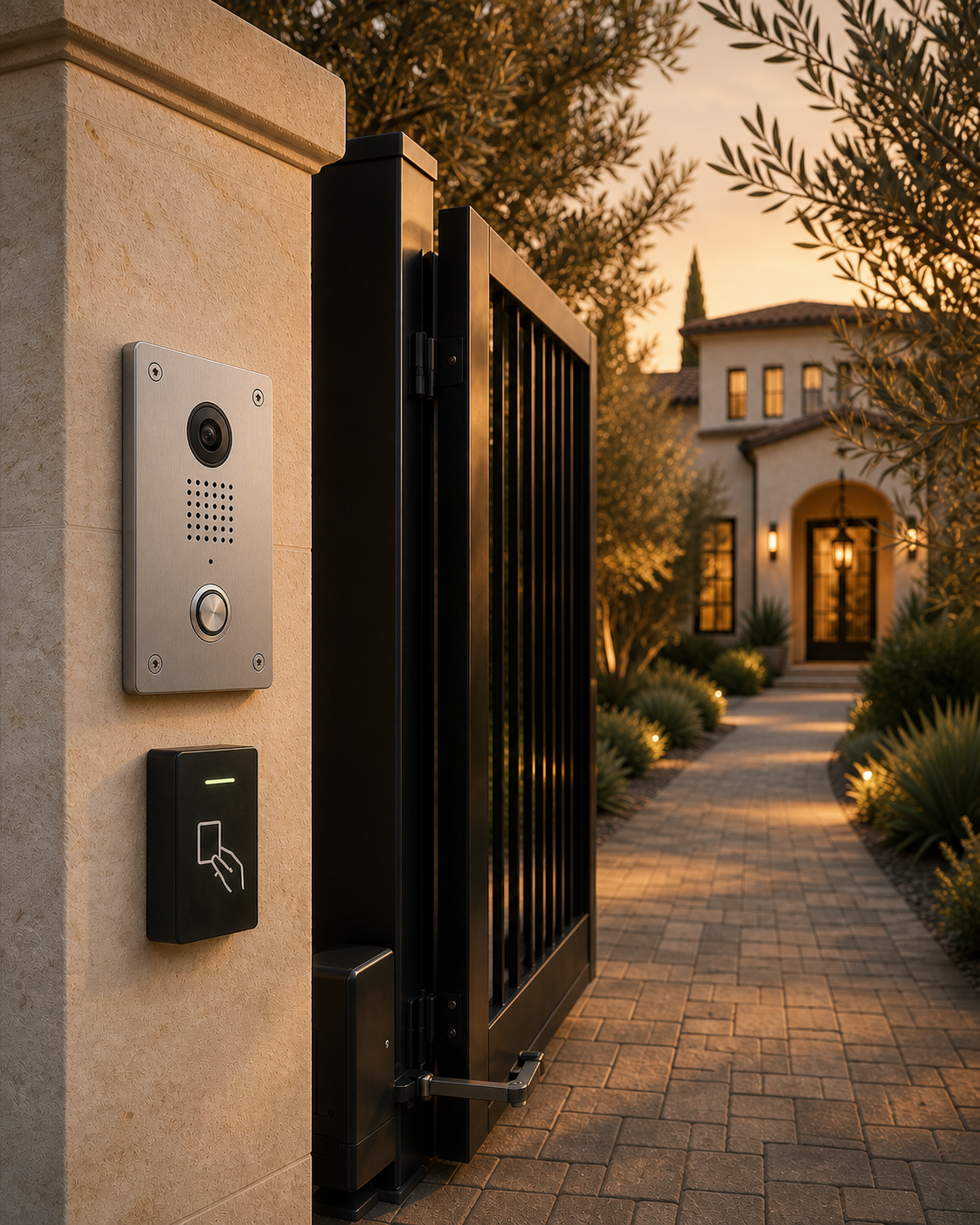 Warm access-controlled entrance at a Southern California residence