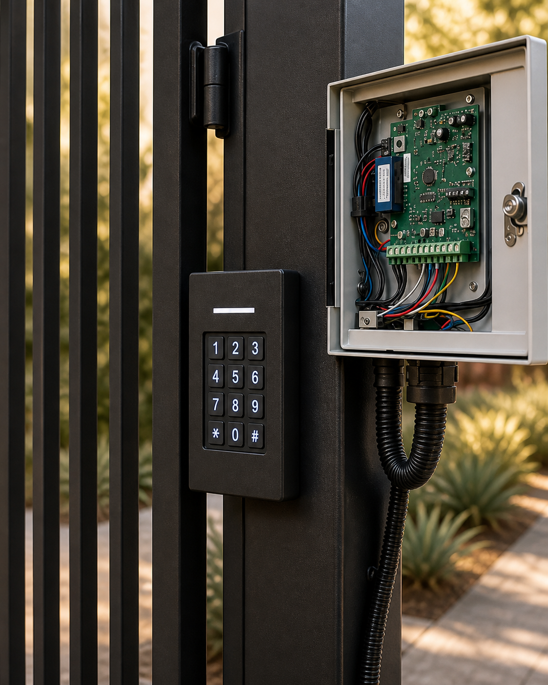 Installed access keypad beside an open, neatly wired control enclosure