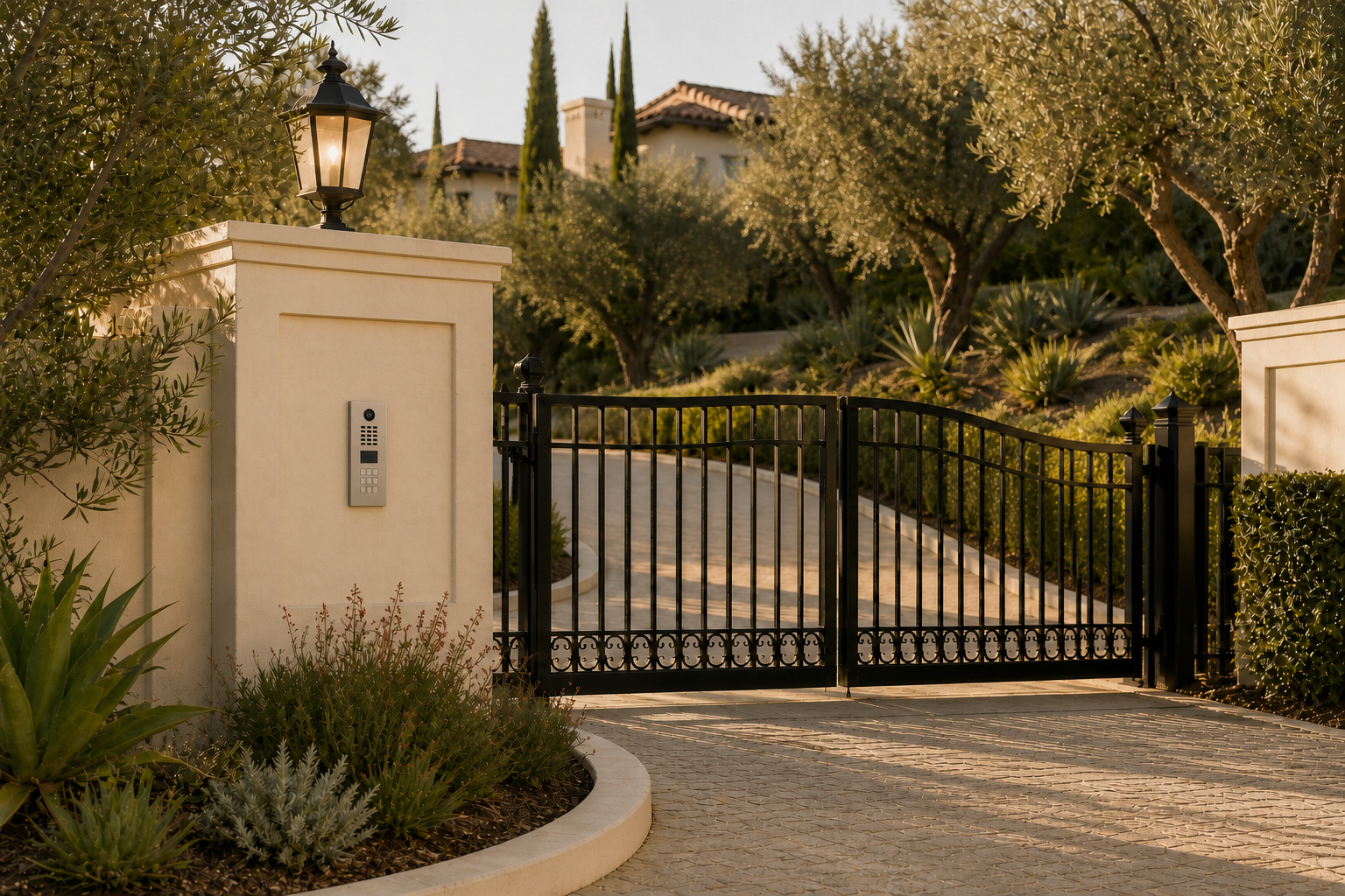 Private Southern California estate entrance with integrated access control