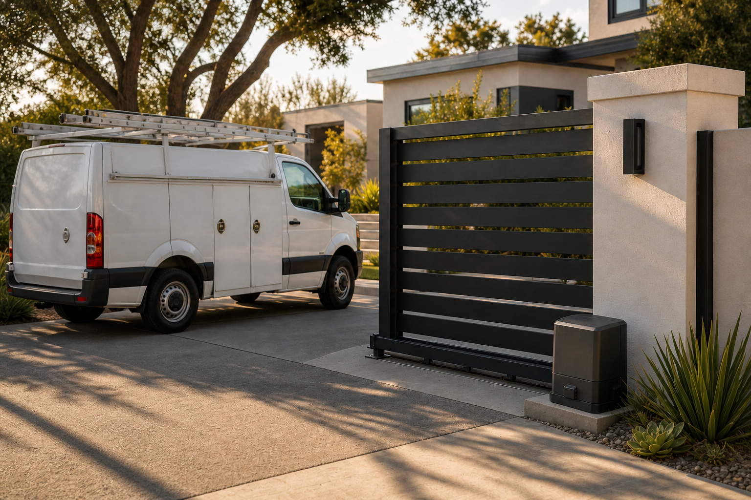 Service truck beside an existing automated residential sliding gate