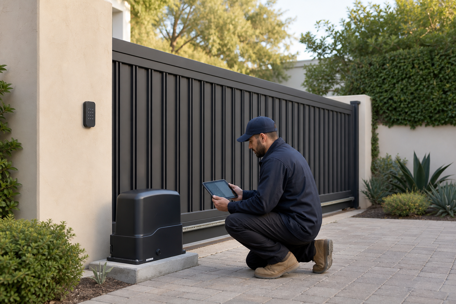 Technician assessing an existing gate operator with a diagnostic tablet