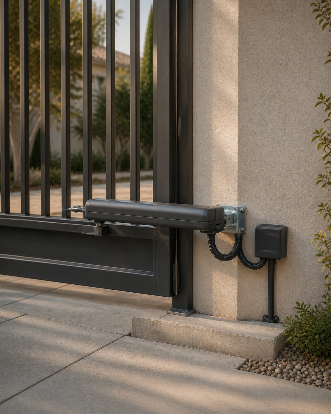 Linear swing-gate actuator mounted between a stucco pier and black gate