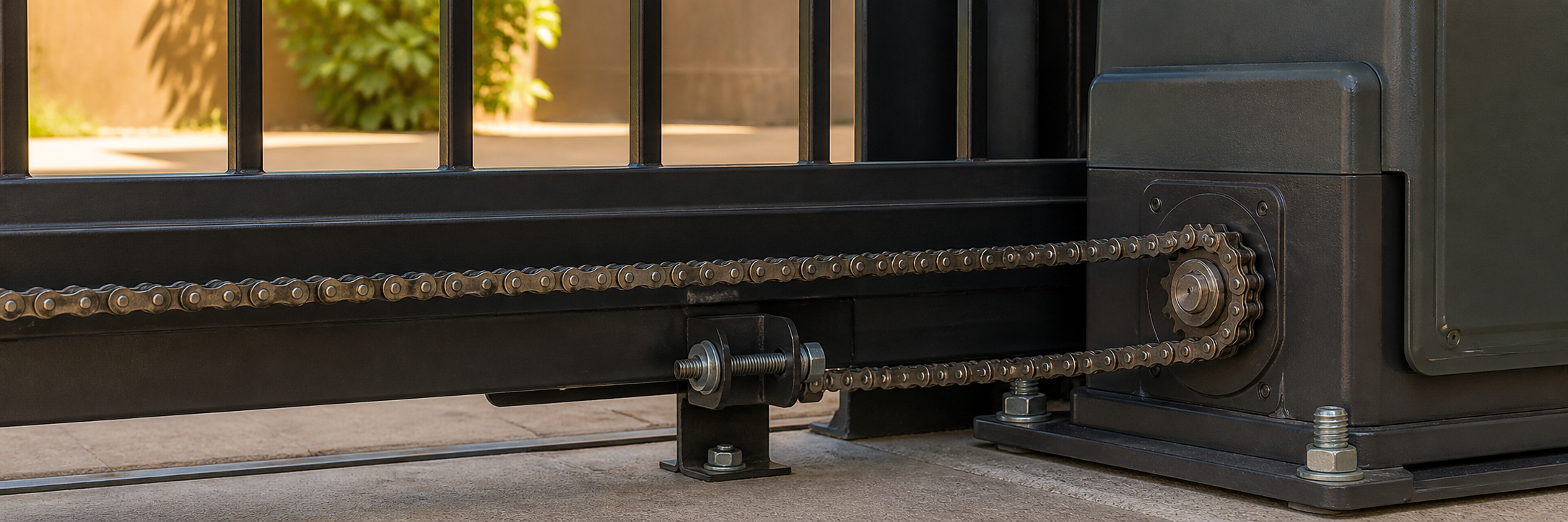 Close-up of a sliding gate chain drive, sprocket, tensioner, and operator housing