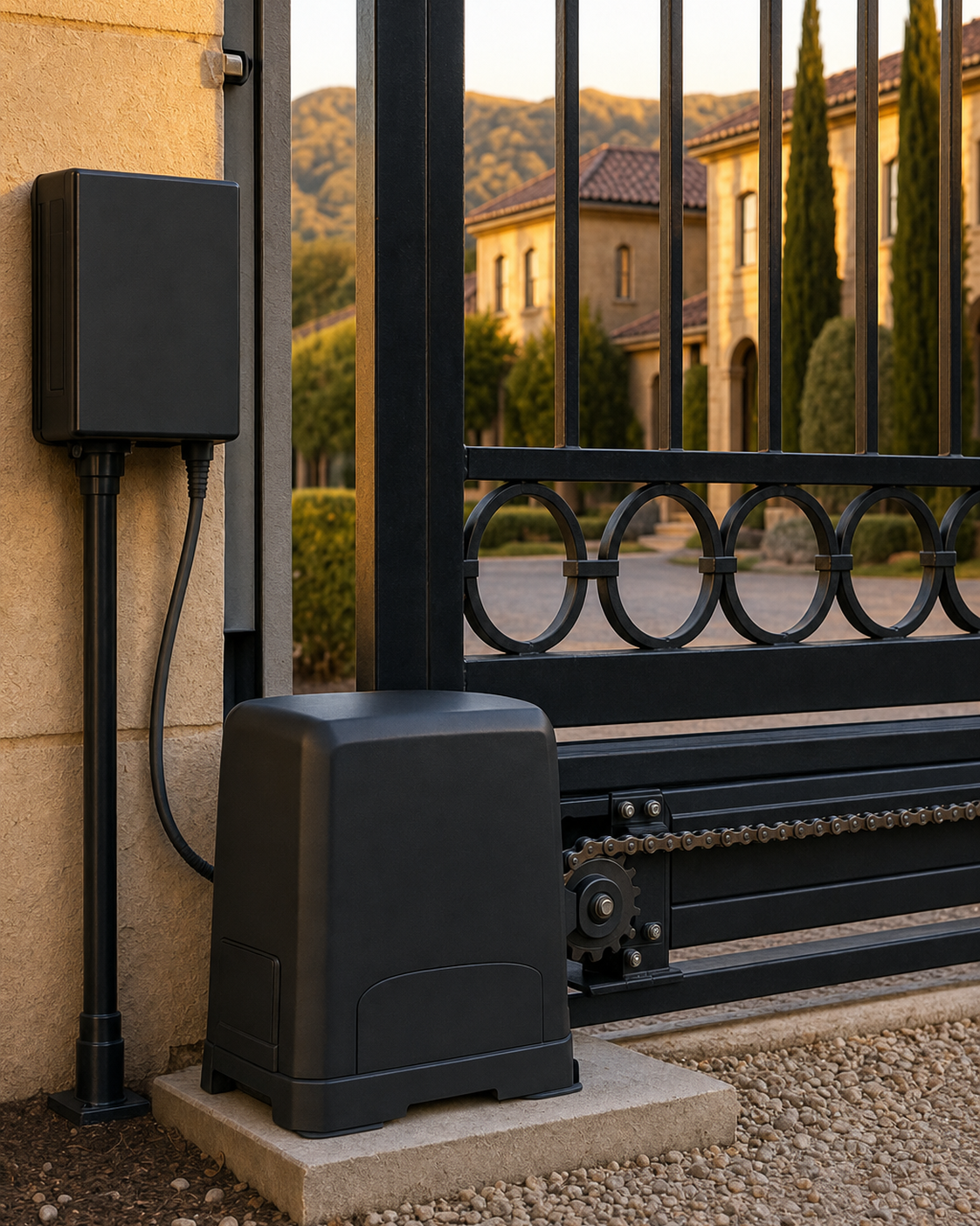 Chain-driven sliding gate operator mounted beside an existing gate