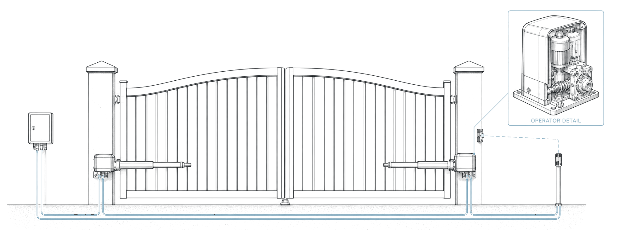 Existing double swing gate with the automation operators, control enclosure, sensors, and entry devices identified around it