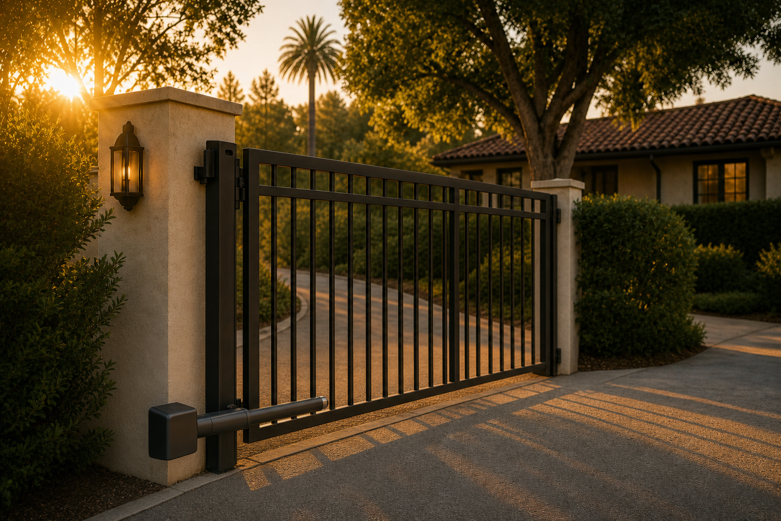 Automated swing gate with its linear actuator visible at a warm California residence