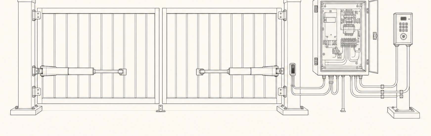 Technical illustration of a complete dual swing gate automation system with linear actuators, control cabinet, safety devices, and keypad