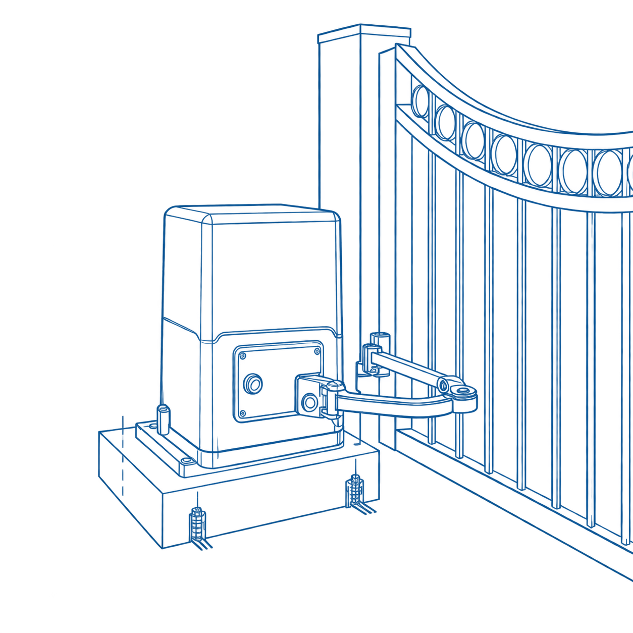 Blue-steel technical line illustration of a gate operator connected to an existing ornamental gate