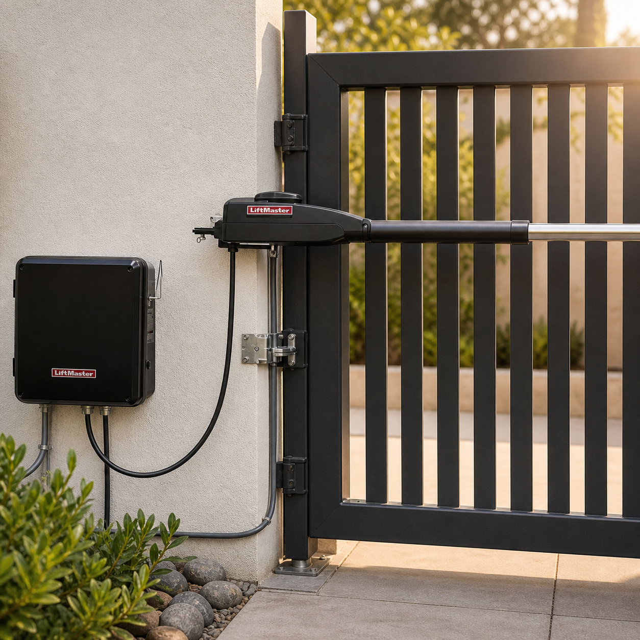 LiftMaster linear swing gate operator installed beside an existing gate