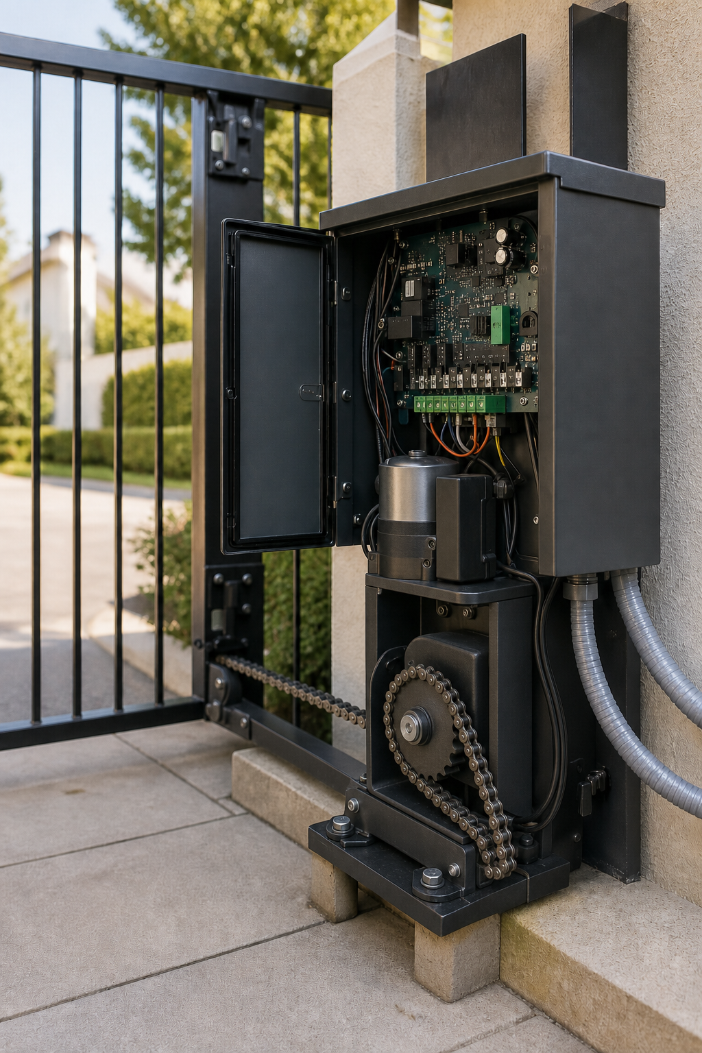 Finished chain-driven sliding gate operator installation with the service enclosure open