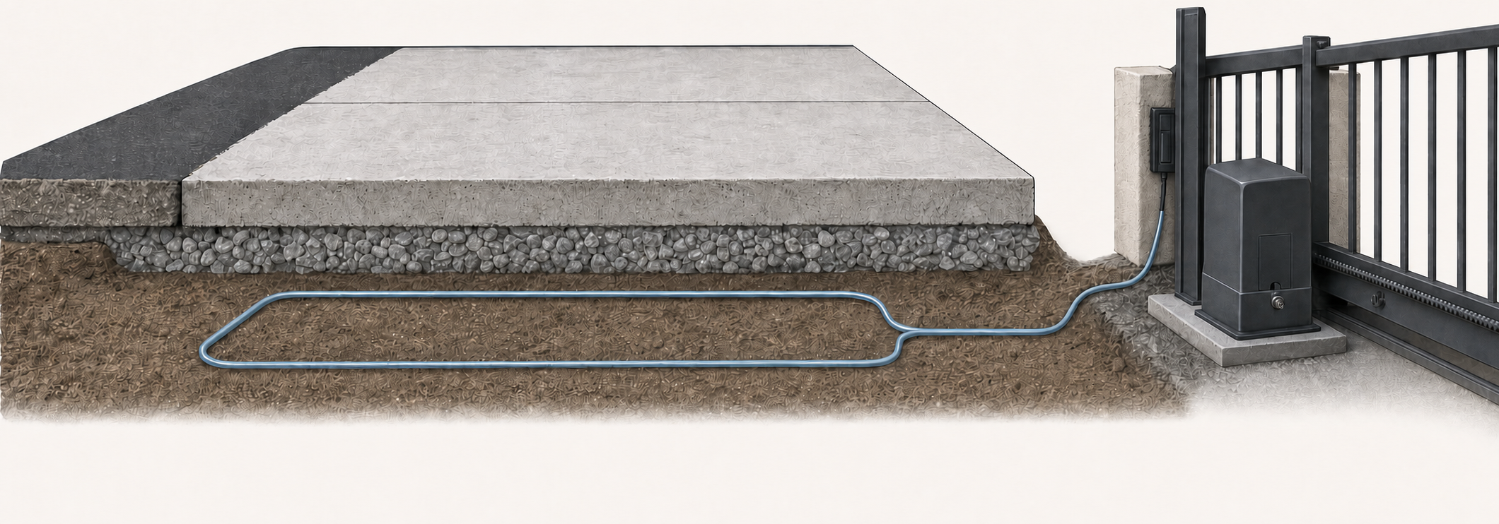 Sectional driveway showing the detector loop, lead-in wire, and gate response