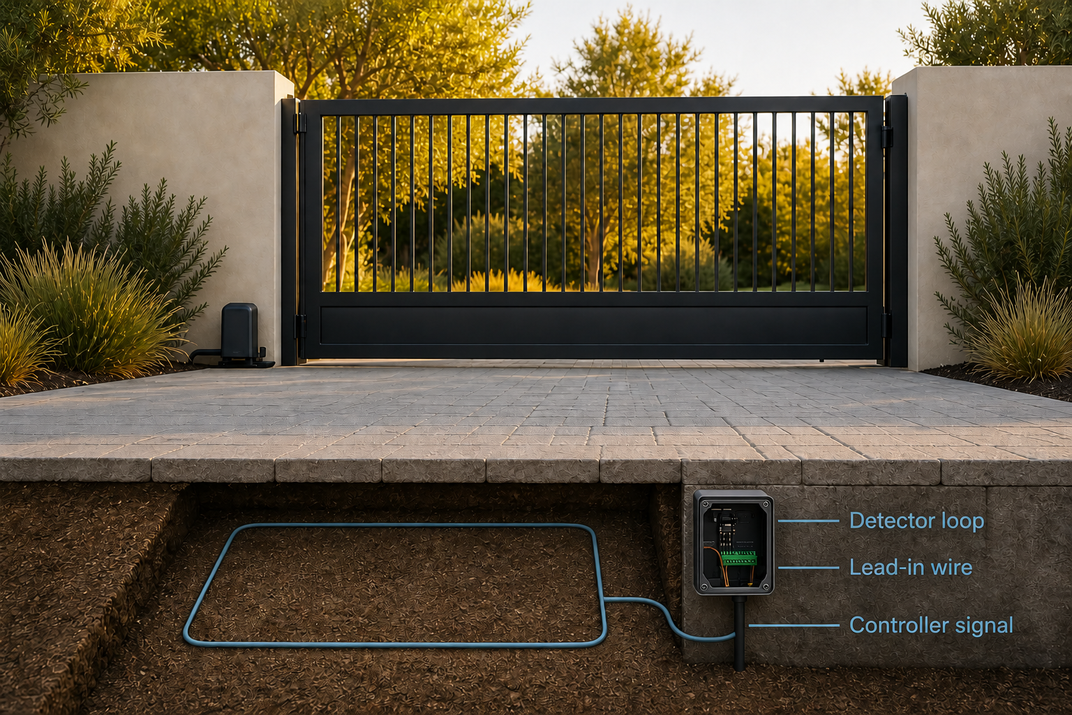 Sliding gate and rectangular underground detector loop cutaway with steel-blue labels for the detector loop, lead-in wire, and controller signal