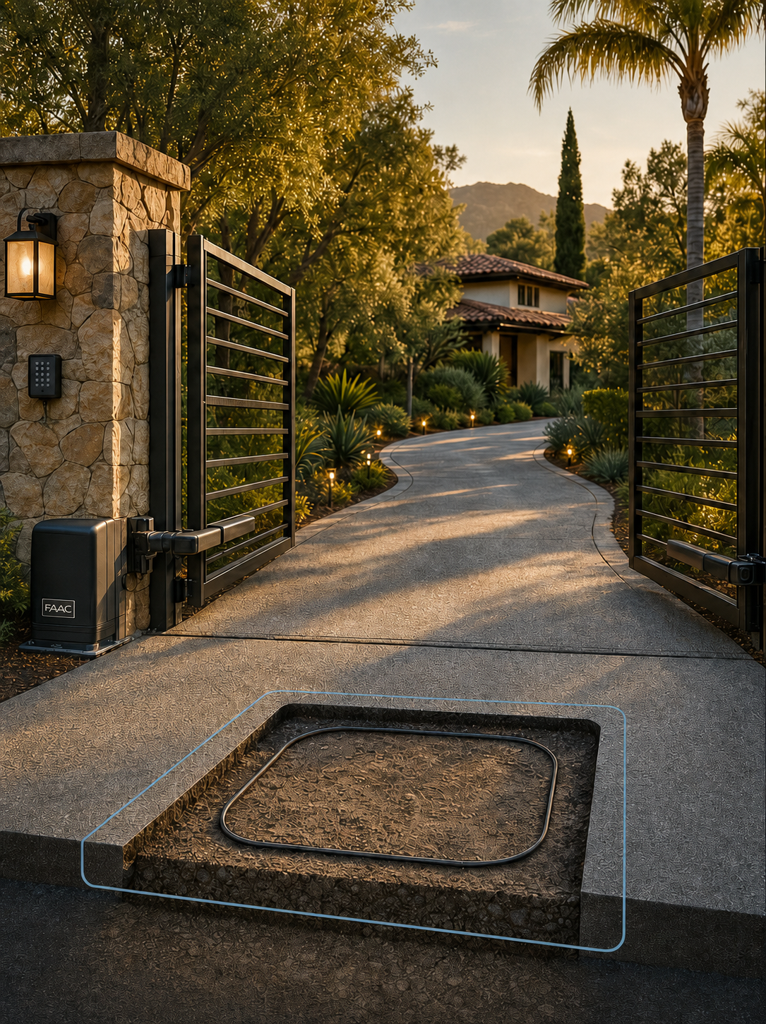 Warm Southern California estate gate with the underground loop revealed in the driveway