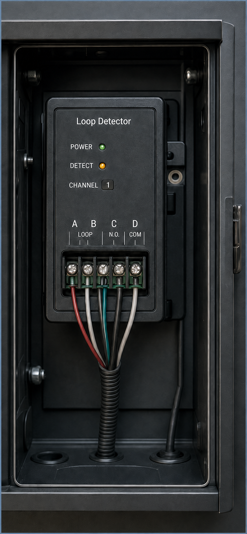 Installed loop detector controller enclosure and wiring