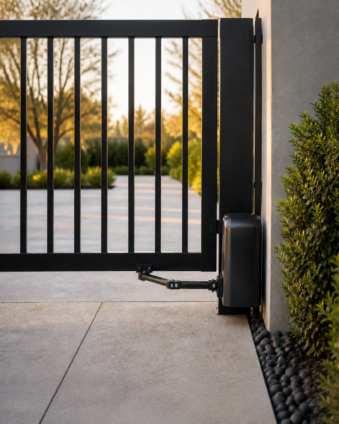 Maintained gate operator installed on an existing black metal gate