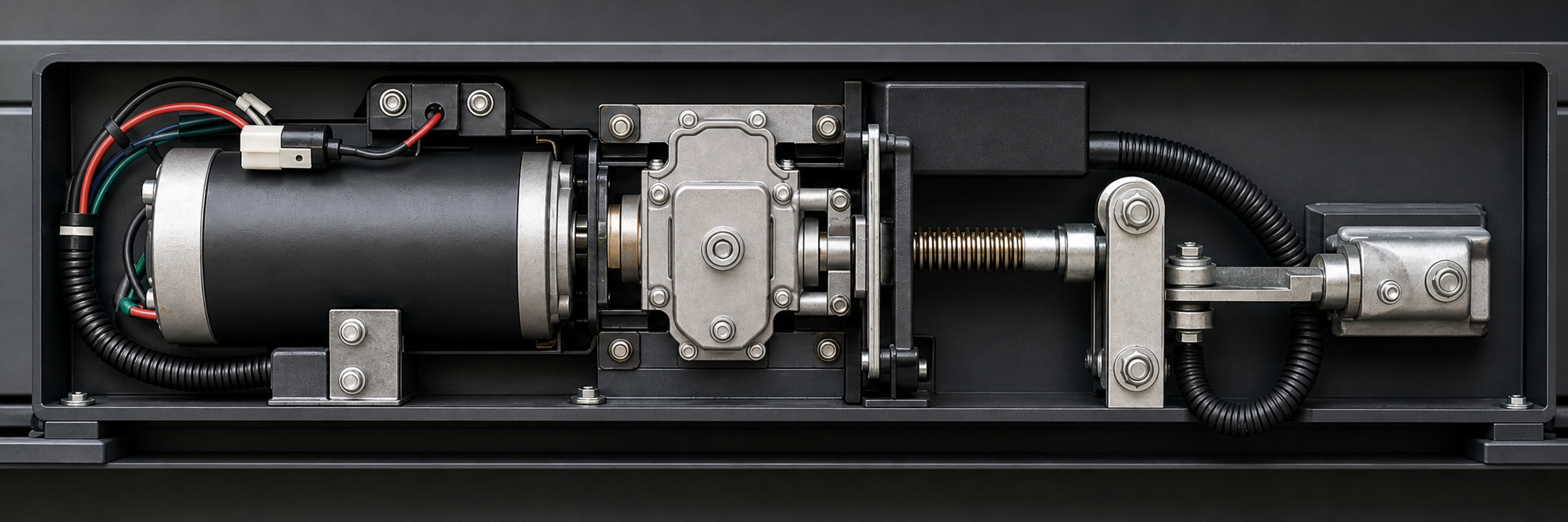 Clean internal gate operator motor, gearbox, drive screw, wiring, and linkage