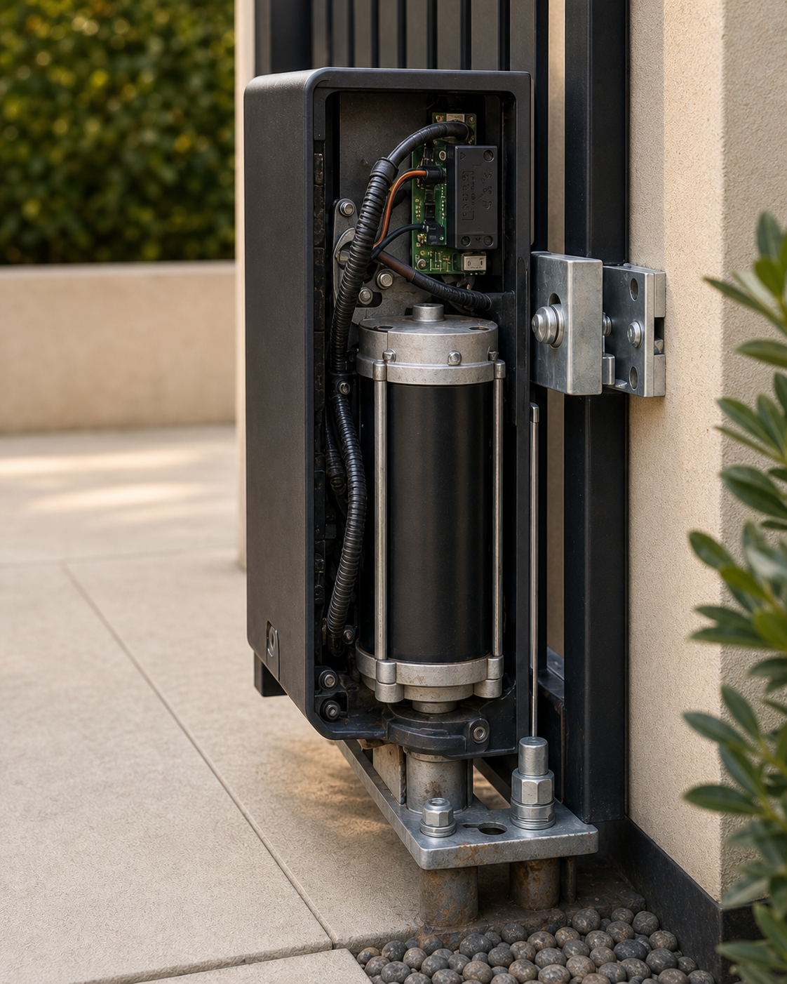 Open installed gate operator showing the motor, wiring, and chassis