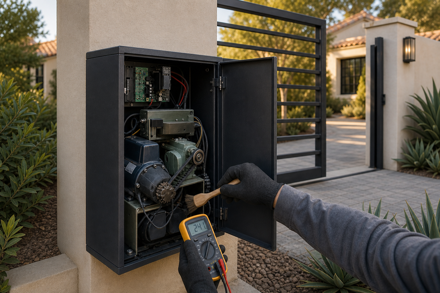 Technician inspecting an open gate operator at a warm Southern California residence