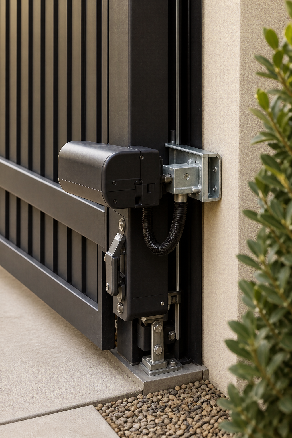 Installed gate operator with six preventive inspection areas identified