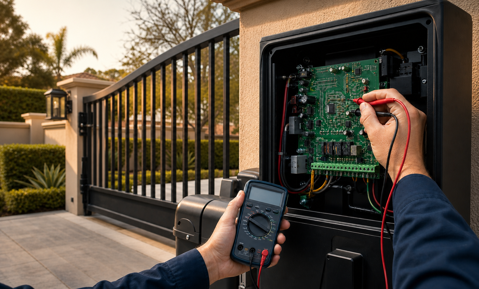 Technician testing an open gate control cabinet on site