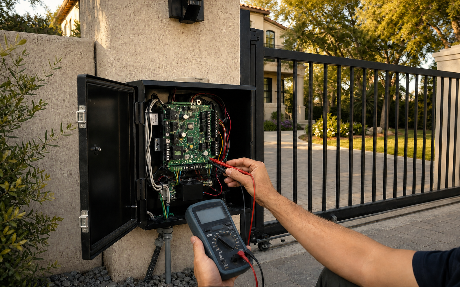 Technician diagnosing an open gate control cabinet at a Southern California property