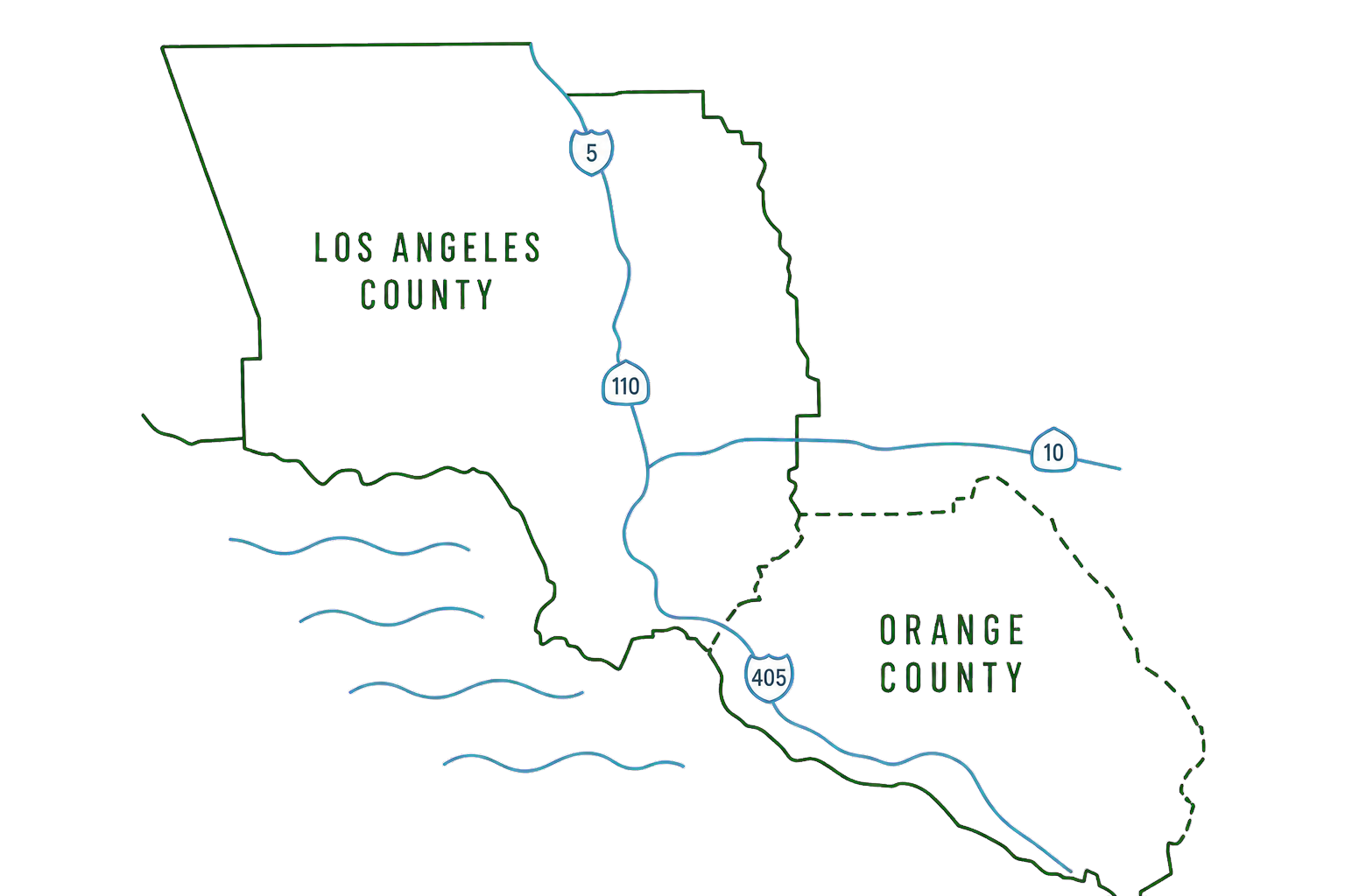 Technical service-area map identifying Los Angeles County and Orange County with major regional routes