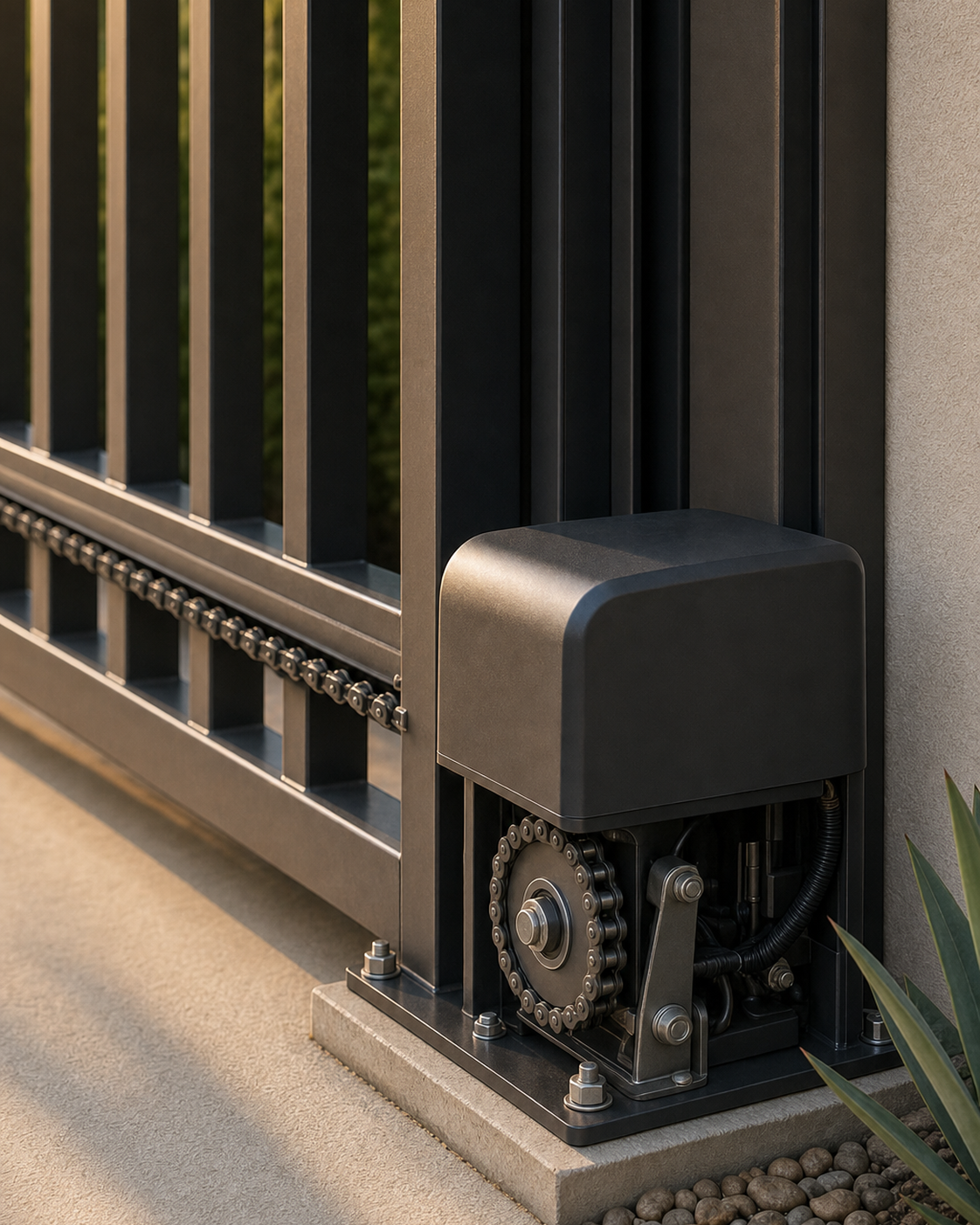 Chain-driven sliding gate operator with its lower drive mechanism exposed beside an existing gate