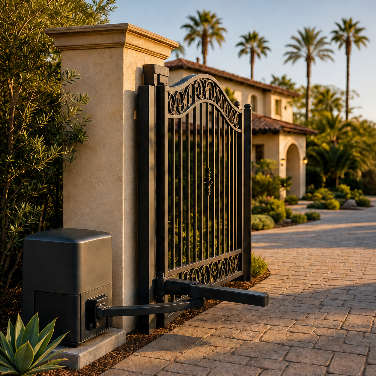 Ornamental swing gate, operator, and articulated arm at a Southern California residence