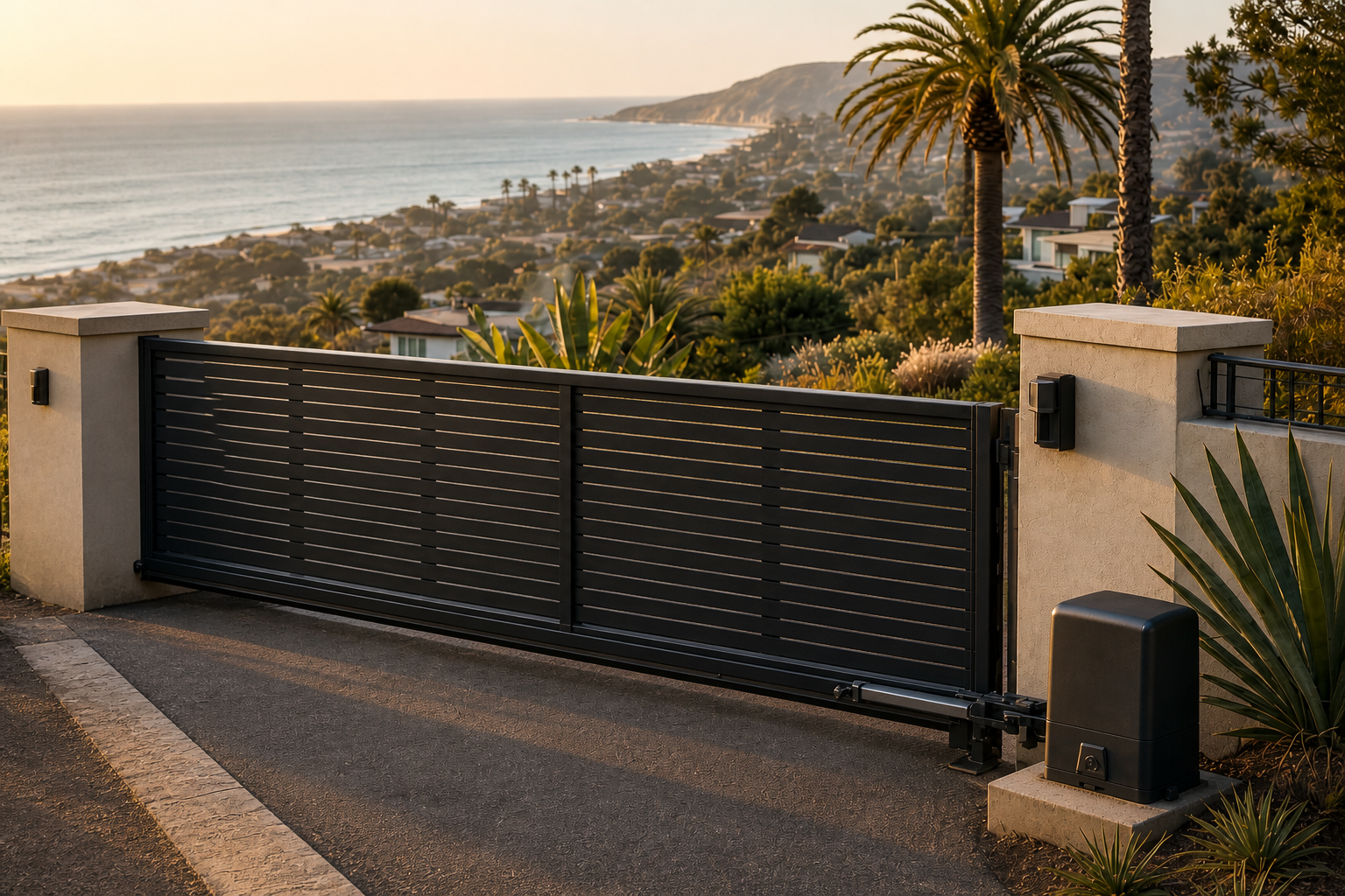 Automated coastal California gate with a visible operator