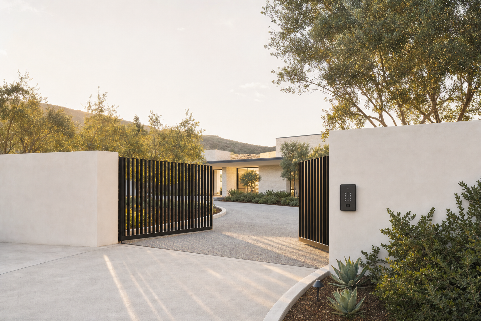 A modern hillside home behind an open vertical-slat gate, with a keypad access panel on the curved white wall in the foreground