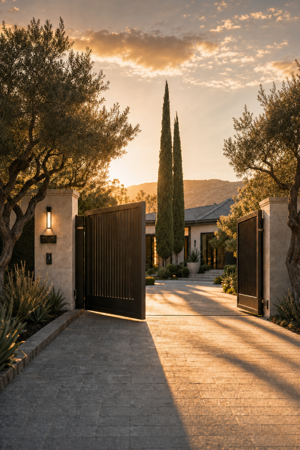 A pair of dark slat gates opening across a stone driveway at golden hour, with no support wheel beneath either leaf