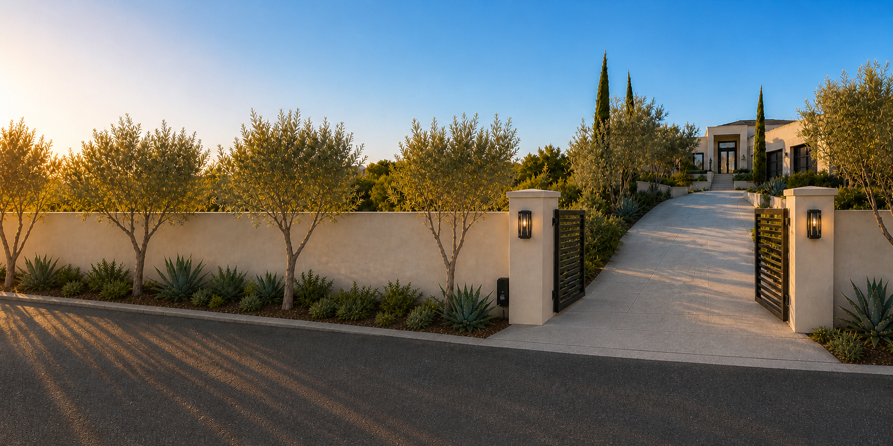 A panoramic street view with olive landscaping on the left and a modern black double swing gate opening inward into the property on the right, with the operators mounted discreetly behind the pillars