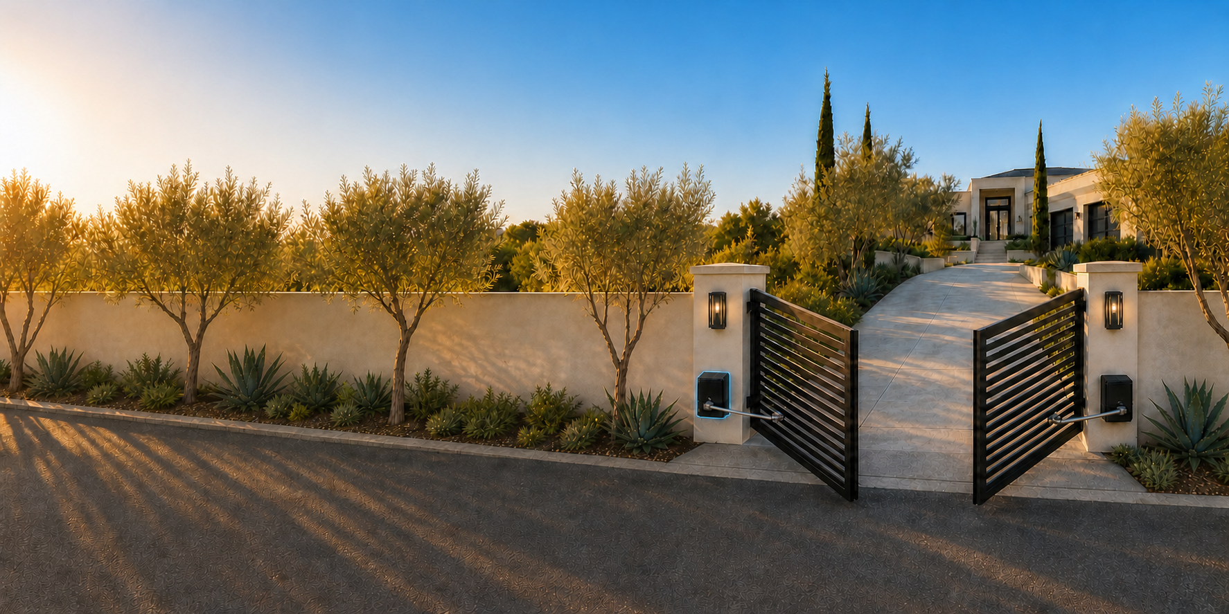 A panoramic view with olive landscaping on the left and a modern black double swing gate opening outward on the right, with warm black lanterns above matching exterior-mounted motor operators; the left operator is outlined in steel blue