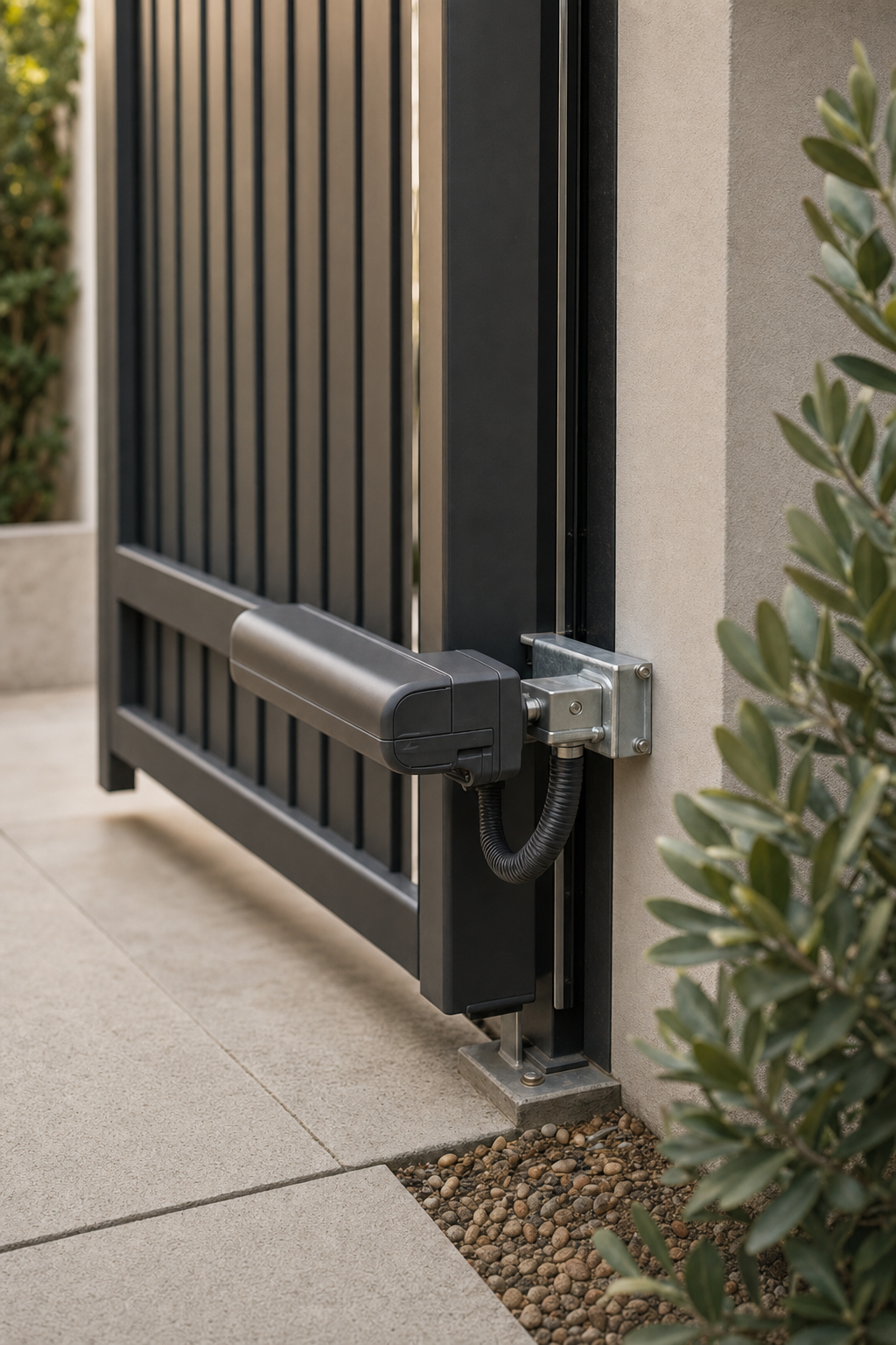 Close-up of a linear-arm gate operator mounted to a black steel gate frame