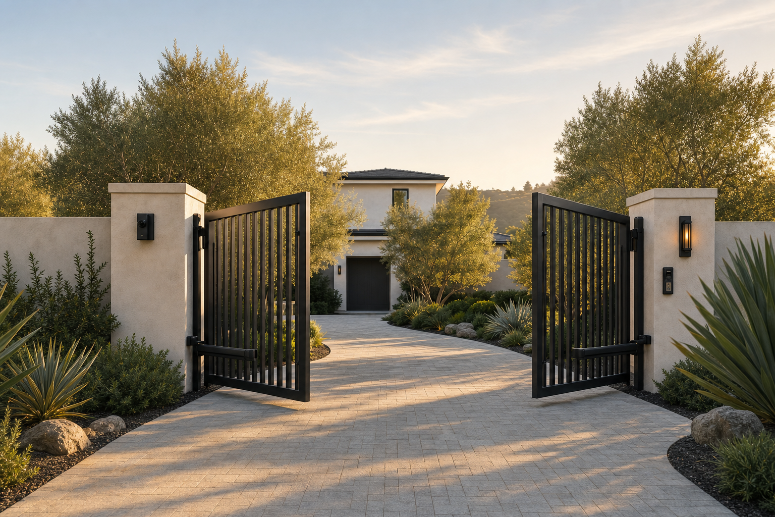 An open double swing gate with visible operator arms, on a brick driveway leading to a California home at golden hour