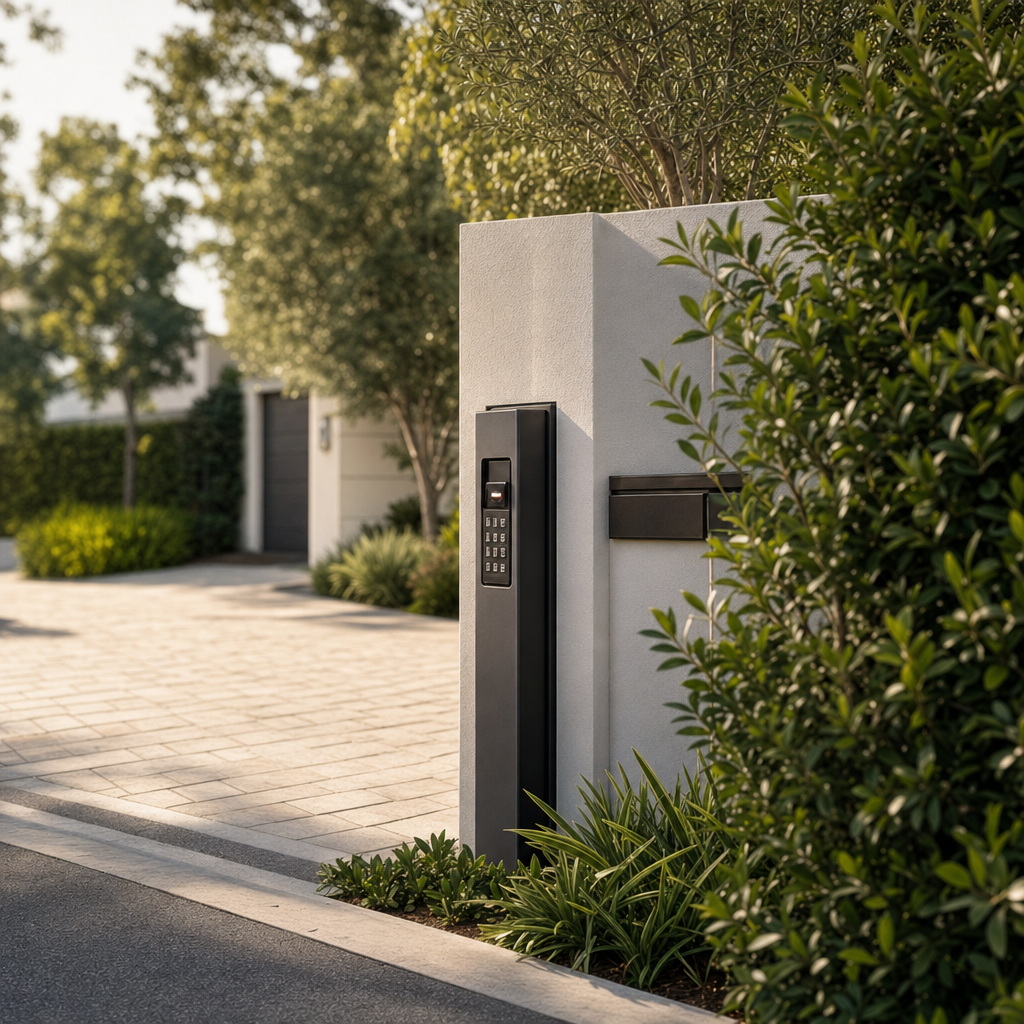 A black access keypad and reader panel mounted on a white stucco wall
