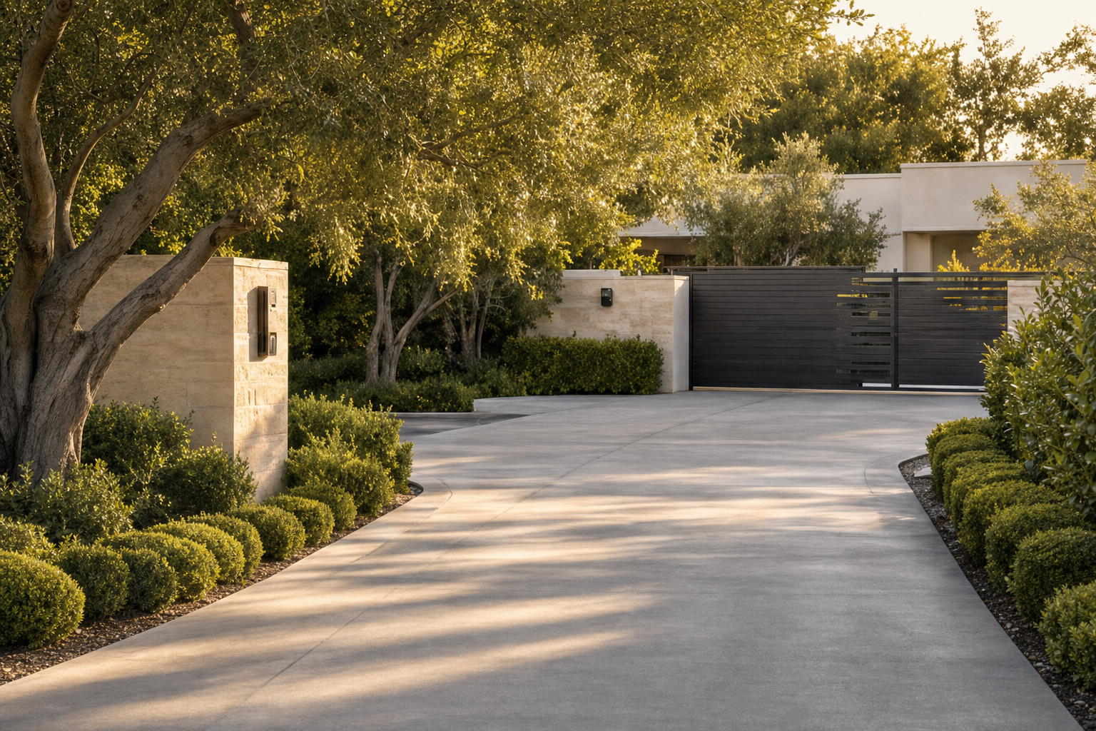 A dark slat sliding gate at a contemporary home with a stone intercom pillar