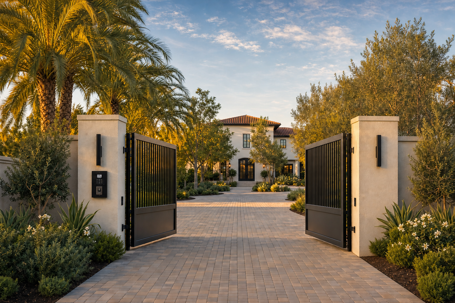 An open black picket gate framing a landscaped Mediterranean-style California estate