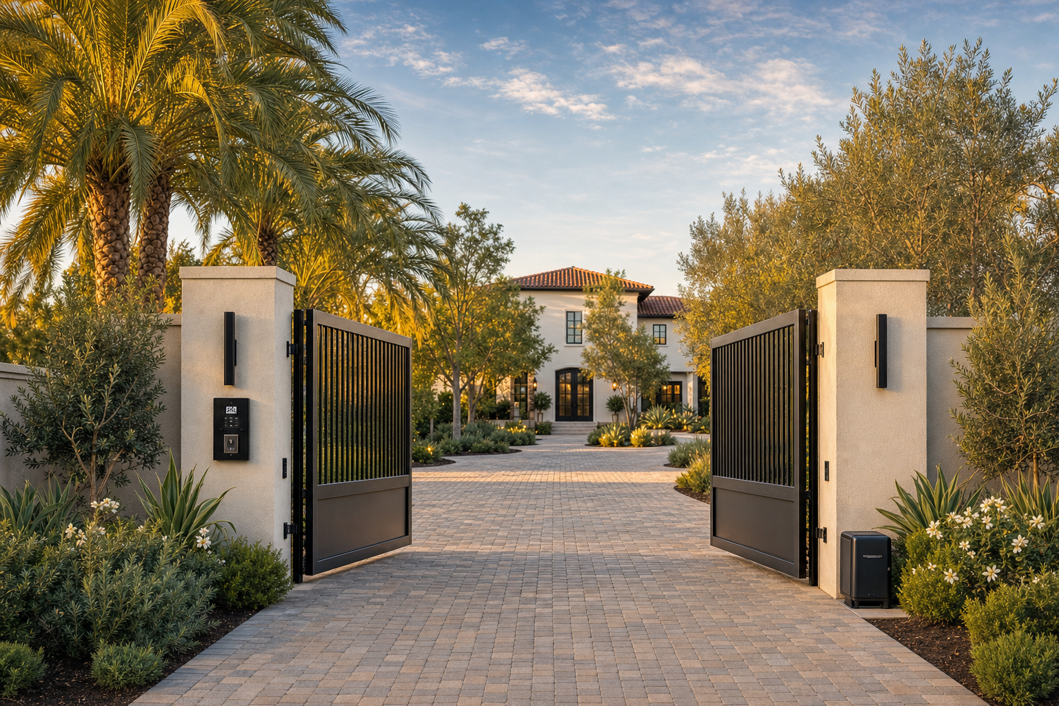 An open black picket gate framing a Mediterranean-style California estate, with a compact gate operator beside the pillar