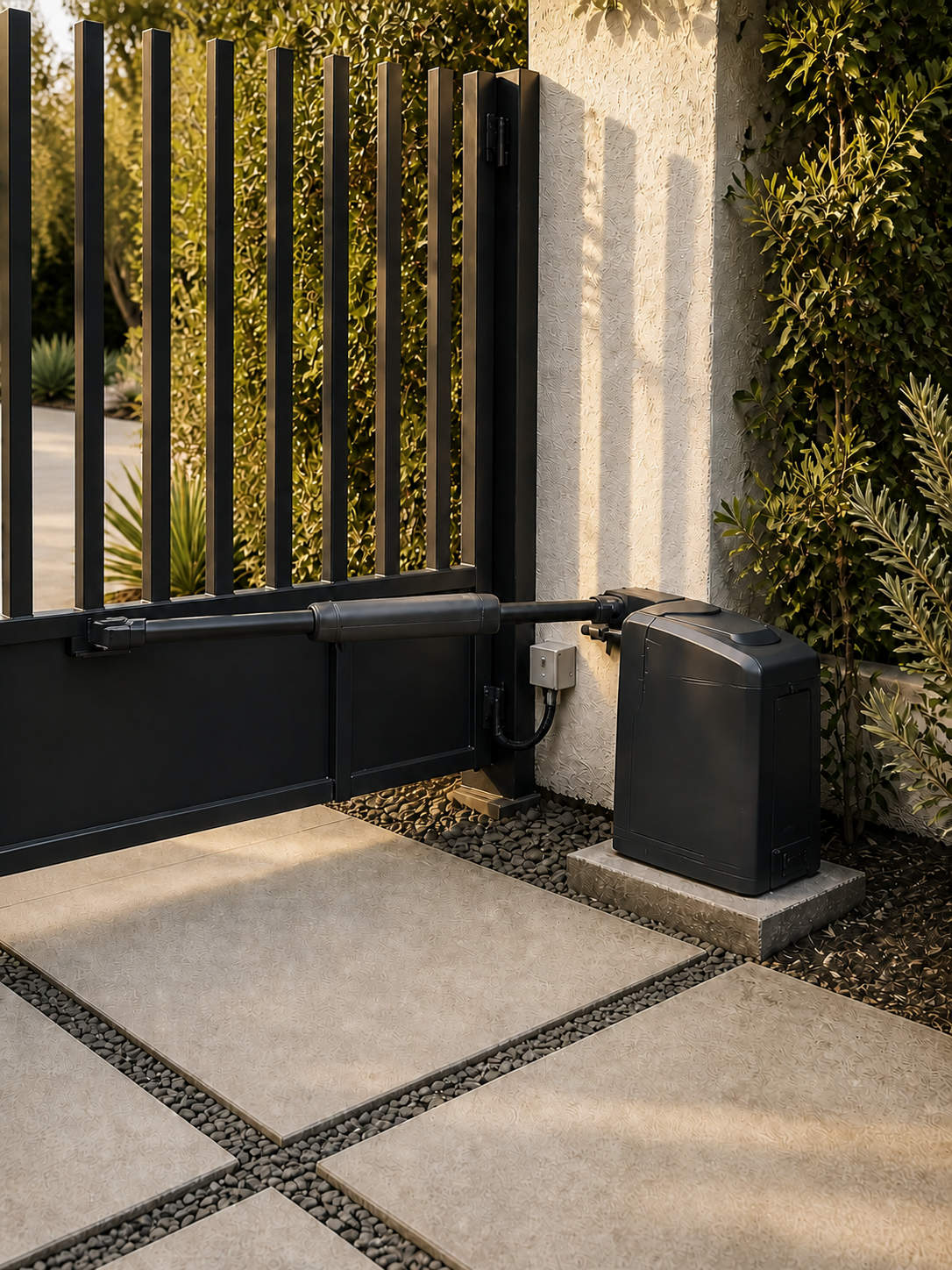 A full view of a linear swing-gate operator arm, mounting hardware, and ground-mounted motor housing on a black gate