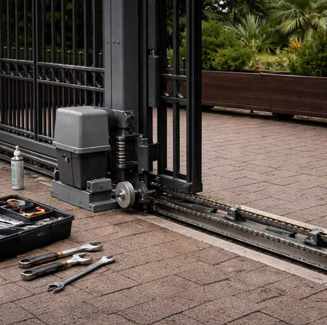 residential automatic gate operator being serviced by technician