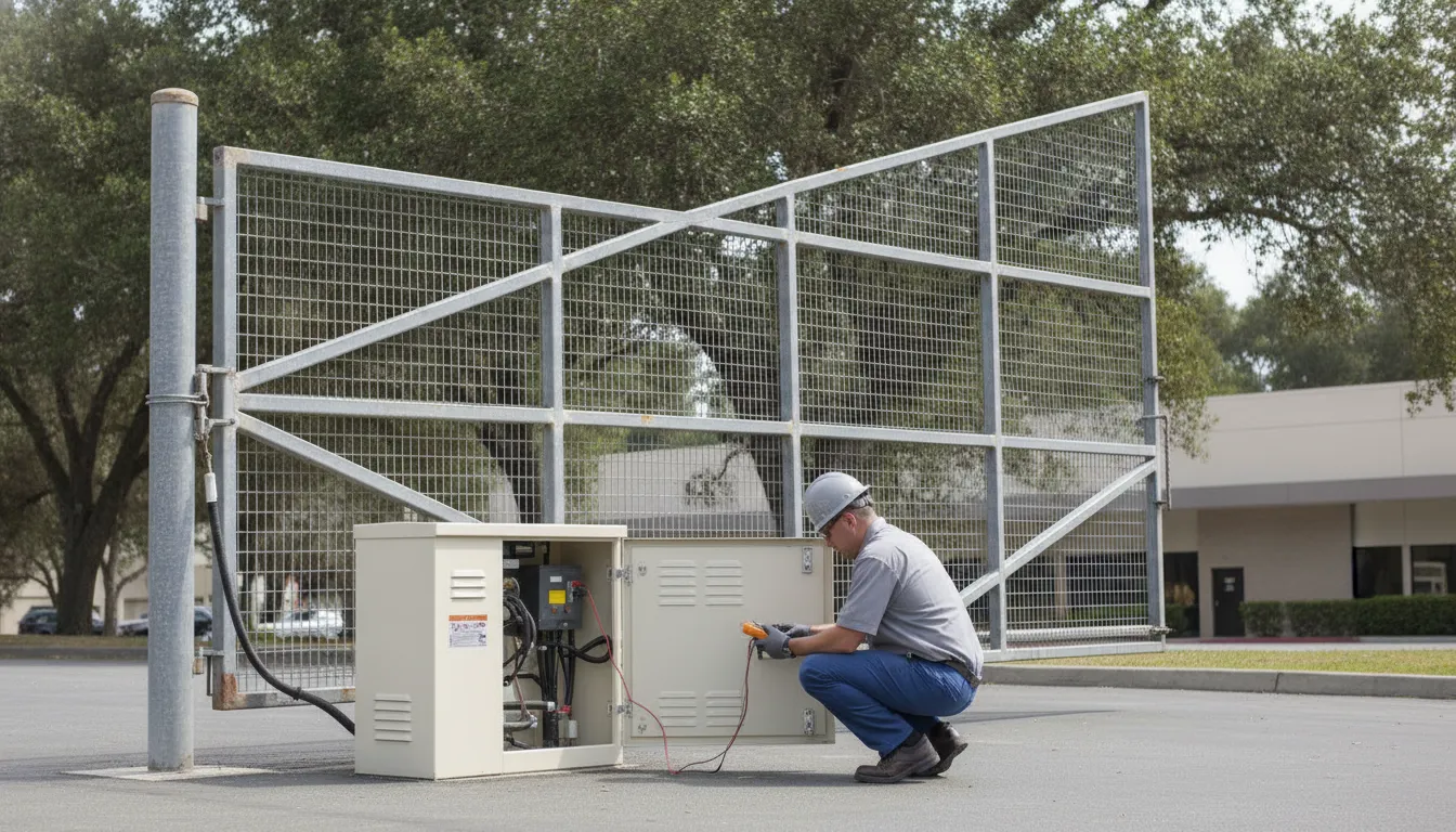Technician inspecting a vertical pivot gate operator beside a raised vehicle gate