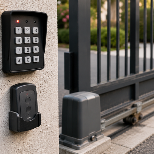 gate remote and keypad on brick pillar