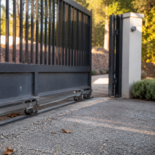 rusted iron gate stuck halfway on a gravel driveway